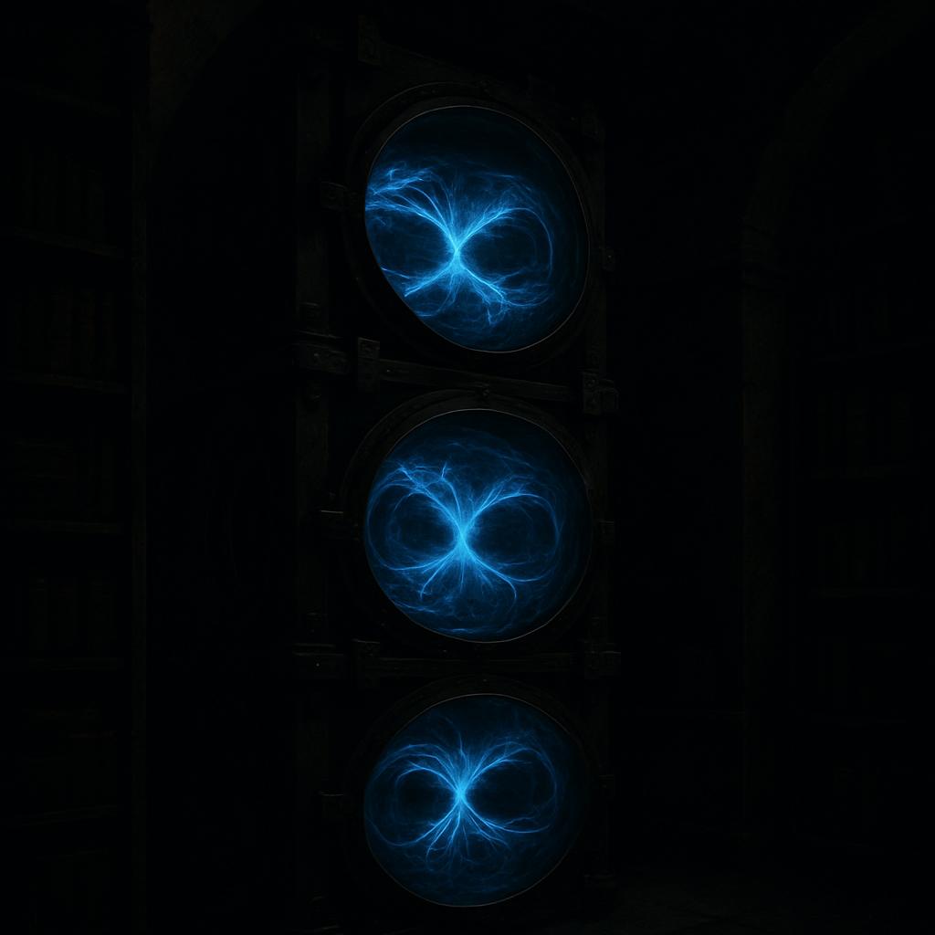 Three circular displays displaying an electric or neon blue energy pattern.