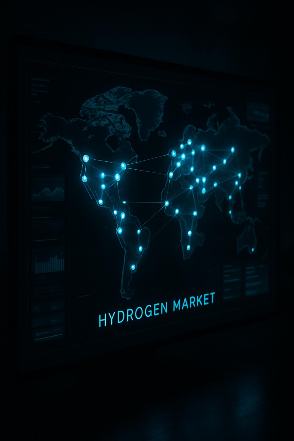 A world map with glowing points, possibly representing market centers, overlaid on a dark background with text reading 'HY...