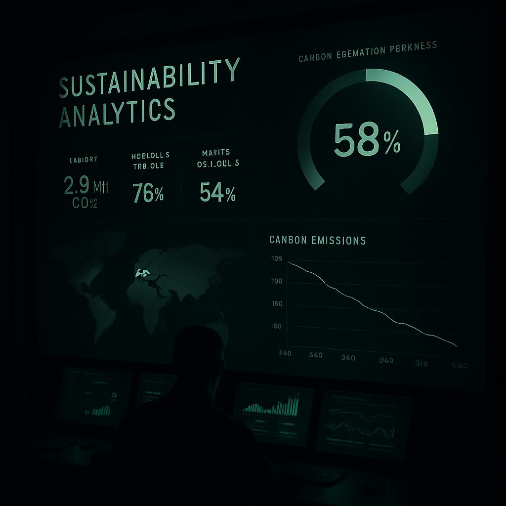 Sustainability analytics data with a dark green aesthetic, including CO2 emissions percentage and a bar graph of changing ...