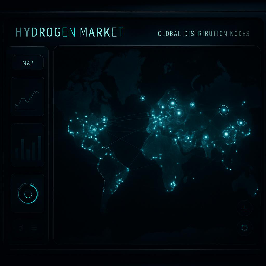 This is an illustration depicting “Hydrogen’s global distribution network.” Note that the symbols, numbers, and text will ...
