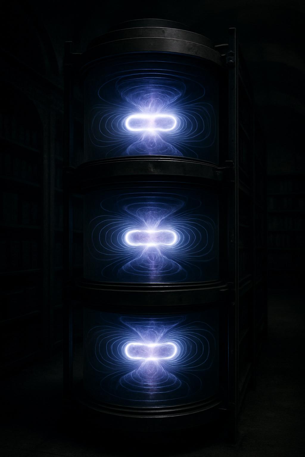 A high-powered magnetic system. There are three vertically stacked black metal cylinders with magnets or some other magnet...