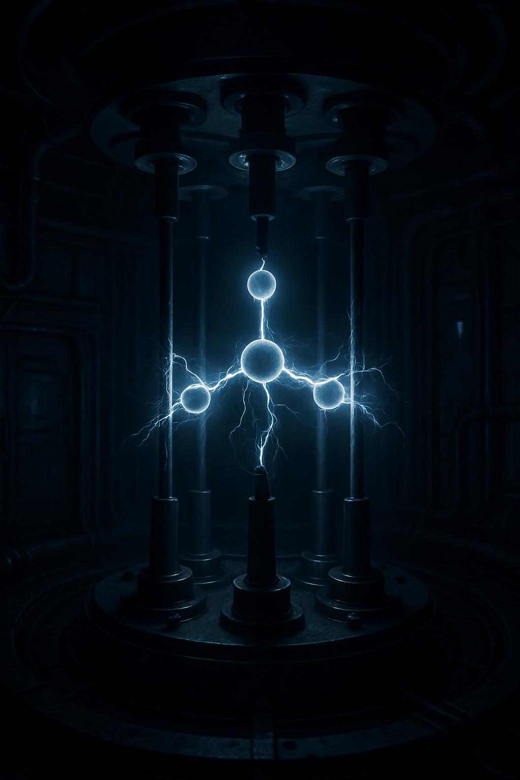 a dark, atmospheric, futuristic laboratory with glowing orbs suspended in a network of lightning-filled pipes