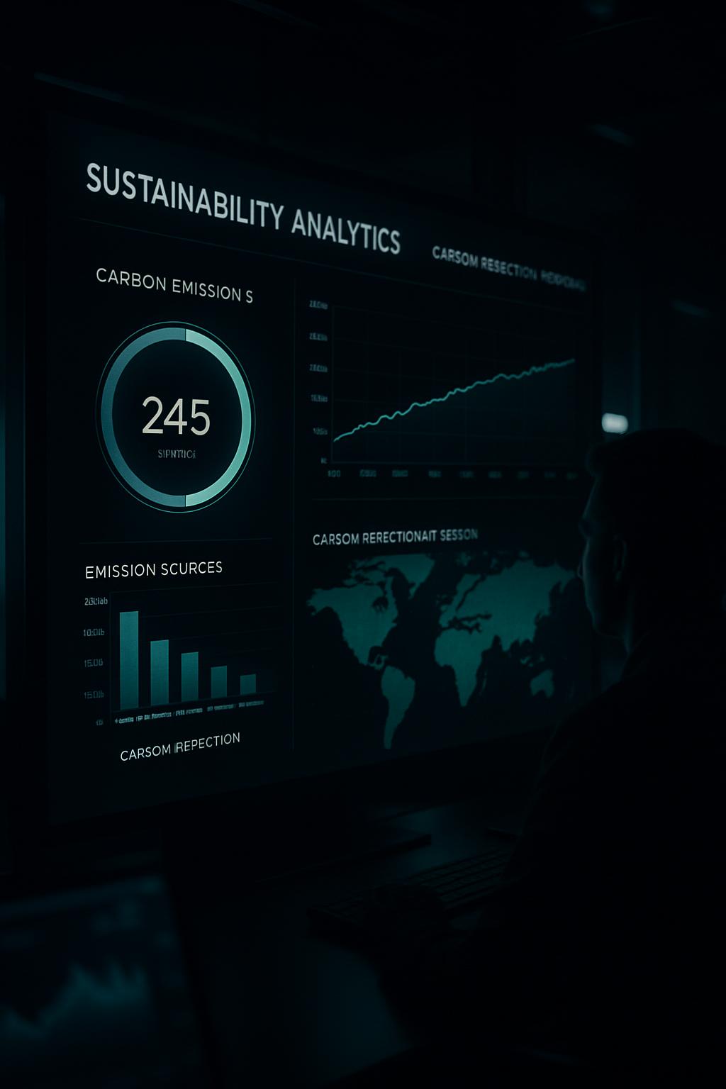 The disappearing graph, showcasing a climb, accompanied by various words, likely analytics related to carbon emissions, on...